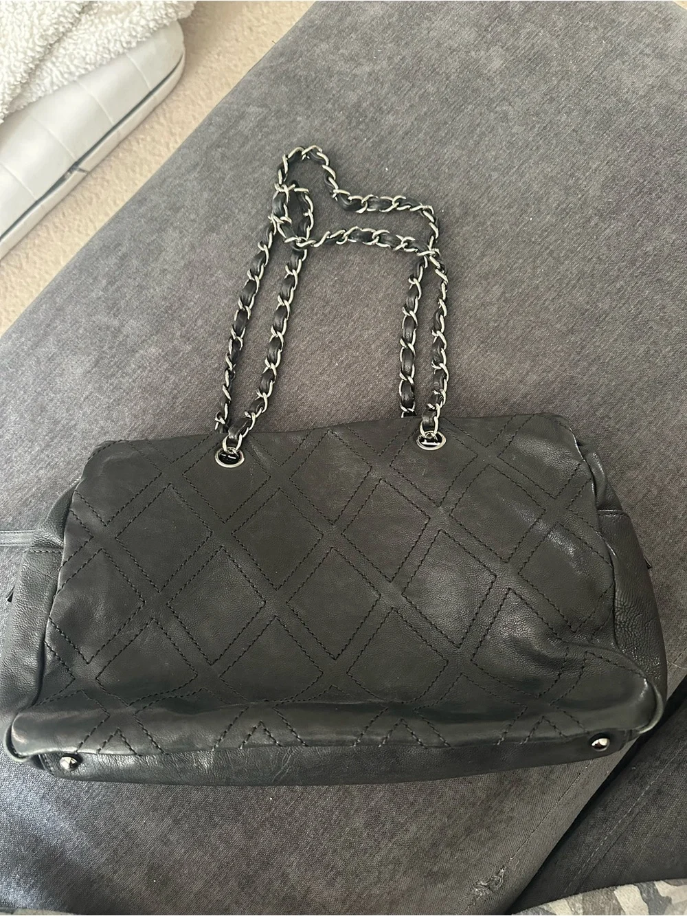 CHANEL Black Quilted Leather Shoulder Bag with Silver CC Hardware